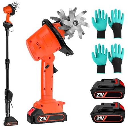 Cordless Electric Tiller, Handheld Garden Soil Rotavator with 2 * 1.5Ah,10cm Tilling Width & Depth, Dual Safety Switch, 235Rpm Electric Tiller Cultivator for Garden, Yard With-pole