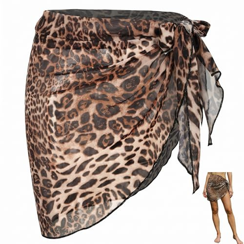 Chic leopard strand pareo för kvinnor - lätt chiffong badkjol 50 x 180 cm, kort sarong och gömd baddräkt för semester, pool och sommar - elegant strandtillbehör