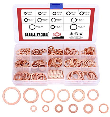 Rondelle de cuivre de qualité supérieure, Hilitchi 300-pcs Plat Bague en cuivre Rondelles Assortiment kit – 12 Taille