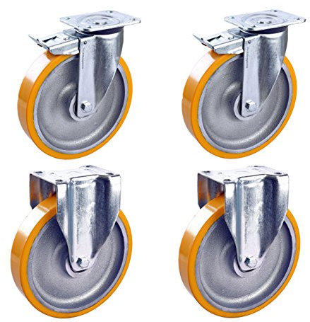 4 Stück: je 600 kg Schwerlastrollen: 2 gebremste Lenk + 2 Bock, Ø 250 mm, PU-Rollenbelag, M, 01903