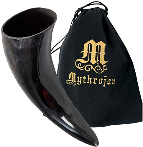 Mythrojan Viking Drinking Horn 100% Authentic Medieval Horn for Ale Wine Beer Norse Tankard Food Grade Genuine Horn Viking Style Gift for Men and Women - 800ML / 27oz