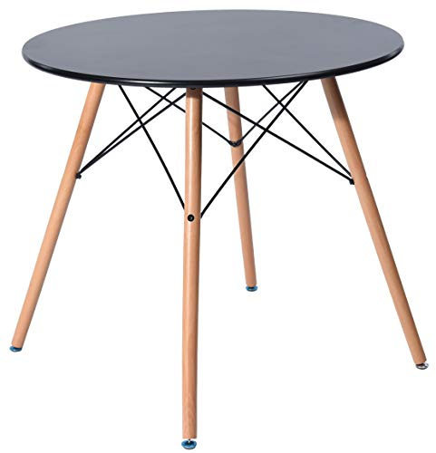 DORAFAIR Mesa de Comedor Redonda,Mesa Café Moderna y Patas de Madera de Haya,80 * 74 cm,Negro