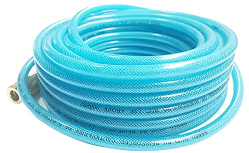 SANFU Polyurethane(PU) Reinforced 1/4”ID(6.3 x 9.8mm) x 100ft, Air Hose With 1/4” Swivel MNPT Solid Brass Quick Coupler and Plug, Transparent Blue(100’)