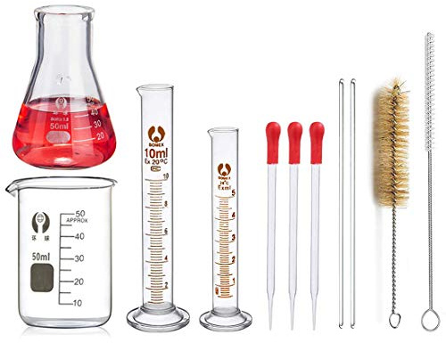 JESTOOLO Erlenmeyerkolben Becherglas Messzylinder Pipetten Glaswaren Set | 50ml Becherglas, 50ml Konisch Fläschchen, 10ml/5ml Messzylinder, 3 Pipette, 2 Waschbürste, 2 Glasstab, Experimente, Chemie