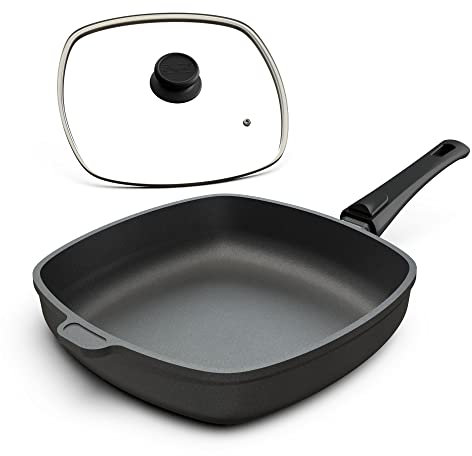 Hoffmann Aluguss Pfanne 28x28 cm Induktion viereckig Hoher Rand I Schmorpfanne Innenhöhe 6 cm I Viereckpfanne beschichtet I Eckpfanne Antihaft Rechteckpfanne Glasdeckel