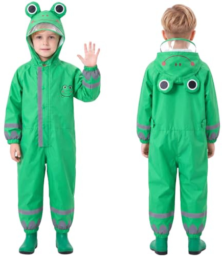 JinBei Kids Puddle Suit Boys Raincoat Hooded Lightweight Green Frog Poncho Rainwear Muddy Portable All in One Waterproof Rainsuit Breathable PVC Transparent Hat Brim Zipper 7-10 Years