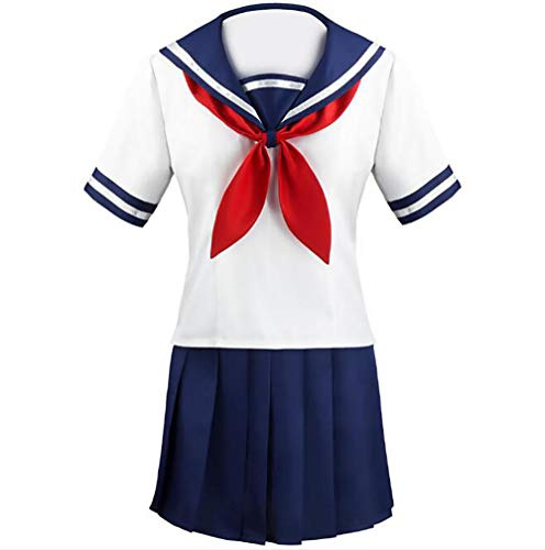 Cos-Animefly Japanese Sailor Uniform Cosplay Costume, White Top Red Scarf Blue Pleated Skirt Set Women