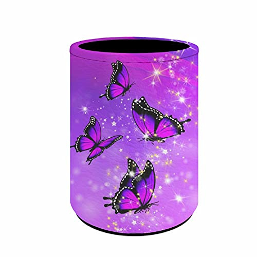 Pizding Porte-pinceaux de maquillage rond pour femme - Motif papillon rose - En cuir synthétique