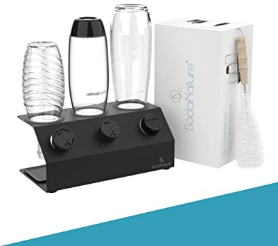 SodaNature® Premium 3er Edelstahl Flaschenhalter für SodaStream Flaschen (Duo & Crystal) | Set Timeless in Anthrazit | inkl. Abtropfschale, Flaschenbürste, Silkonringe & -füße, Geschenkverpackung