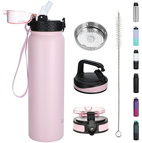OLDLEY Edelstahl Trinkflasche mit Strohhalm 1L Isolierte flasche mit 3 Deckel Große Thermosflasche 1 Litre Auslaufsicher Halten Heiß Kalt für Sport Gym Camping Fahrrad (Rosa, 3 Deckel)