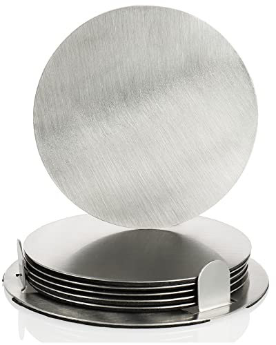 Com-four® Set Sottobicchieri 7 Pezzi Con Supporto - in Acciaio Inox per Bevande - Tondi Color Argento