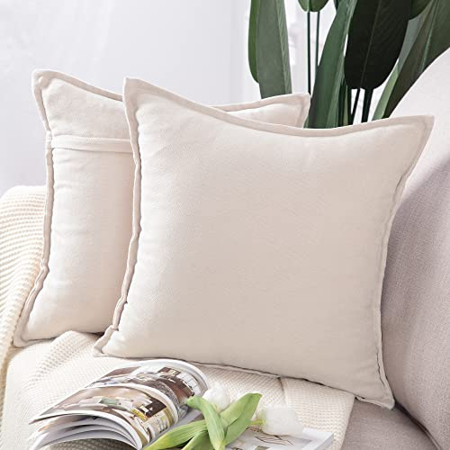 Madizz 2er Set kurzen Chenille Zierkissenbezüge weicher dekorativer Kissenbezug für Sofa, Schlafzimmer Kissenhülle Creme Weiß 50x50 cm Quadrat
