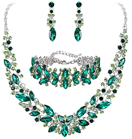 Clearine Collana da sposa per matrimonio, orecchini e bracciale, set di gioielli per donne, con cristalli di marquise, di collane in argento trasparente, Lega di acciaio cristallo di