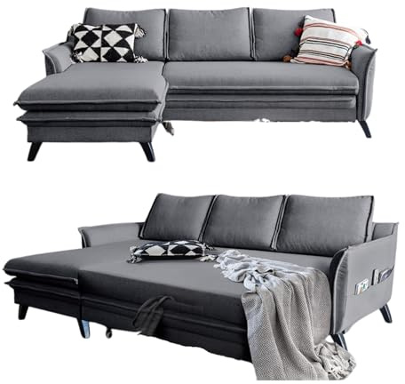 MIUFORM Charming Charlie mit Bettkasten und mit Bettfunktion | 4 Sitzer Sofa | L-form links | 228 x 150 x 90cm | Klappsofa mit Schlaffunktion | Schlafsofa klappbar (Grau)