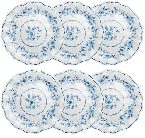 UP UPware Blue and White Floral Melamine Dinner Plate Set, Flower Shaped Plates with Beaded Edge for Main course, Pasta, and Salad, BPA-Free, Dishwasher Safe, Blue, 10.5 Inch, Set of 6