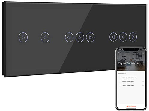 BSEED Zigbee Interrupteur avec Double Variateur de Lumière,2 Gang 1 Voie Interrupteur Connecté WiFi Noir,Compatible avec Alexa et Google Home,Contrôle Vocal et Fonction de Temps(NÉCESSITE TUYA HUB)