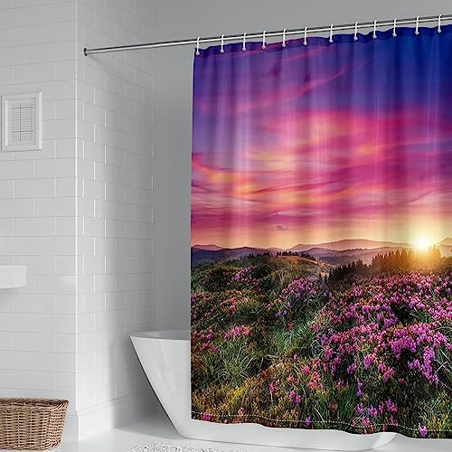 Gualiy Badvorhang 300x200CM, Blumen NaturLandschaft Duschvorhang Textil Schimmelresistent Lila Grün Shower Curtain