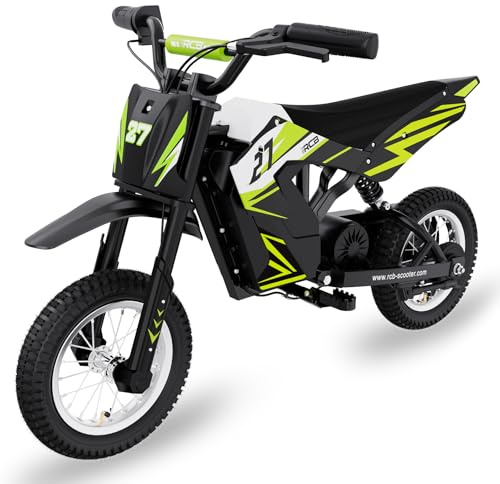 RCB TECH R9X Elektro Motorrad Kinder, Elektromotorrad mit Leistungsstarker Motor, 3 Geschwindigkeitsmodus, Max 25km/h, 36V/5,2Ah Akku, Reichweite 17KM, 12 Zoll Luftreifen, Moto Crossbike für Kinder