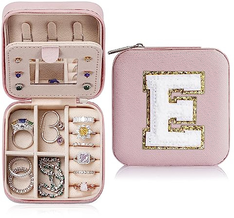 TINGN Smyckeskrin för Flickor - Bokstäver Resor Smyckeslåda Mini Smycken Arrangör Med Bokstav E - Rosa