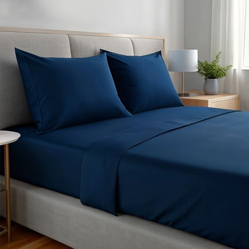 gobedreams Ensemble de Draps 4 Pièces 180x190/200, draps de lit en Microfibre de Polyester brossée. Drap Plat, Drap-Housse Ajustable et 2 taies d'oreiller. Couleur Bleu Marine