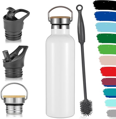 Milu Borraccia in acciaio inox, 350 ml, 500 ml, 750 ml, 1000 ml (+3 coperchio), thermos con cannuccia, borraccia isolata, a prova di perdite, a doppia parete (Bianco, 750ml)