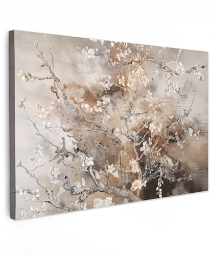 MuchoWow© Bild auf Leinwand Schlafzimmer Bilder Badezimmer Wand Deko | 90x60 cm - Wohnzimmer Modern Wanddeko Bilderwand Geschenk Mandelblüte - Kunst - Van Gogh - Beige - Abstrakt