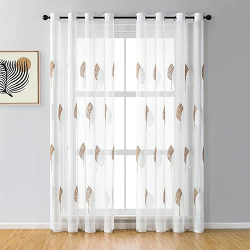 Daesar Weiß Vorhänge mit Ösen 2er Set, Vorhänge Lichtdurchlässig 107x138CM Nordisch Stickerei mit Braun Blätter Motiv Gardinen Halbtransparent Wohnzimmer Küche