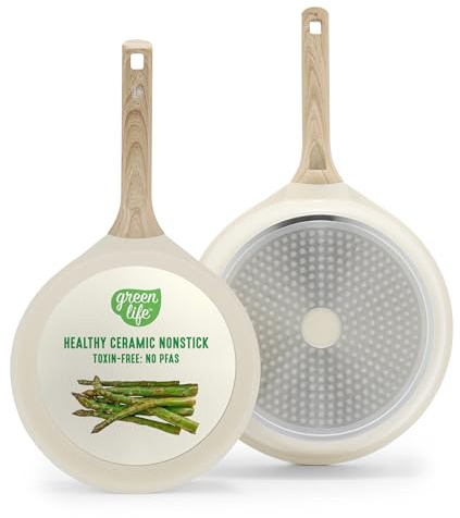 GreenLife Nonstick 2 Piece Frying Pan Set, 9.5 & 11 Skillets Ceramic PFAS-Free Nontoxic, Induction Suitable, Wood Print Handles, Stay-Cool Handles, Deep Cooking Skillets, Egg Pan, Granite Cream