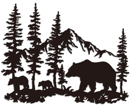 WADORN Wanddekoration Mit Bär Aus Metall, Schwarzes Eisen Natürliche Landschaft Wand Silhouette Skulptur Dekoration Wildtiere Wälder Und Berge Metall Wandbehang Dekoration, 23.6x30cm