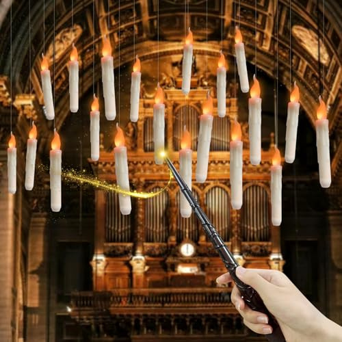 Bocguy 20 Stück Schwebende Kerzen mit Zauberstab, Led Kerzen Flackernde Flamme, Flammenlose Led, Led Kerzen mit Fernbedienung, Hängende Fliegende Kerzen für Haus, Party, Halloween Weihnachten Deko