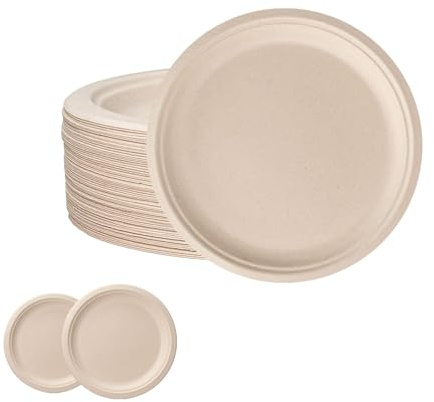 Pappteller 50 stück 15cm klein,Naturbraun Runde einweggeschirr,Zuckerrohr Einweg Geschirr Biologisch Einwegteller Pappteller für Partys, Grillabende, Kindergeburtstage, Hochzeiten, Picknicks