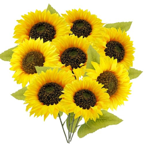 Lunyloer Girasoles artificiales, 8 girasoles falsos de un solo tallo
