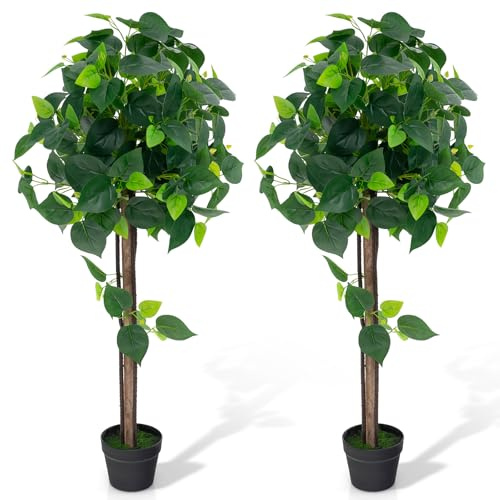 COSTWAY 114CM/3.7FT Artificial Tree, Fake Potted Silk Tree with Plastic Pot, Real Wood Trunk and Realistic Hydrangea Leaves, Faux Indoor Floor Plants for Home Office Decoration (2)