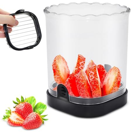 Hioph Fruit Slicer Cup - Stainless Steel Cup Slicers Fruit and Vegetable Speed Slicer with Push Plate Strawberry Slicer Kitchen Gadget (Black