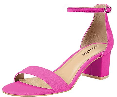 PIZZ ANNU Womens Sandals Mid Block Heel Ankle Strap Wedding Shoes for Bride Open Toe Ladies Sparkly Glitter Evening Party Hot Pink Size 7