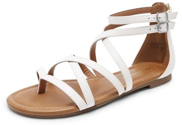 DREAM PAIRS Sandali gladiatore eleganti da donna con cinturino incrociato, comodi, piatti, casual, da spiaggia, da pescatore, infradito, bianco, 38 EU