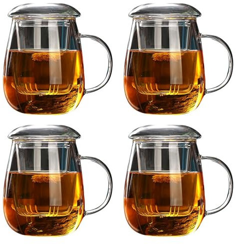 Sxmrmnx 4 tazas de té de 550 ml con filtro de tapa, tazas de café, juego de té, tazas de cerveza, bebidas, de oficina, vasos de vidrio transparentes