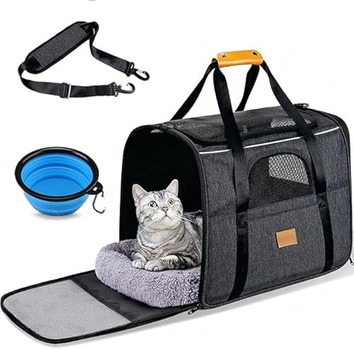 Cat Carrier Large with Pet Bowl, Grey, Breathable Mesh, Adjustable Shoulder Strap, Ideal for Cats, Small Dogs, Kittens or Puppies, Up to 15lbs, Travel, Veterinary Visits, Outdoor Activities