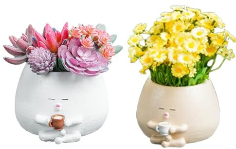 Macetas creativas y divertidas, pequeñas estatuas de jardín de resina con agujeros de drenaje para bonitas flores suculentas