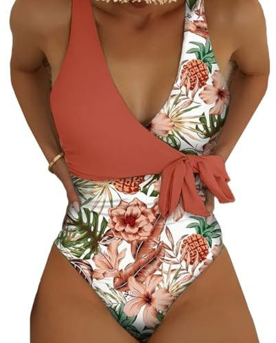 Harssidanzar Traje de baño de una Pieza para Mujer Traje de baño de Verano de Color Traje de baño de Cintura Alta KL412EU,Naranja,M