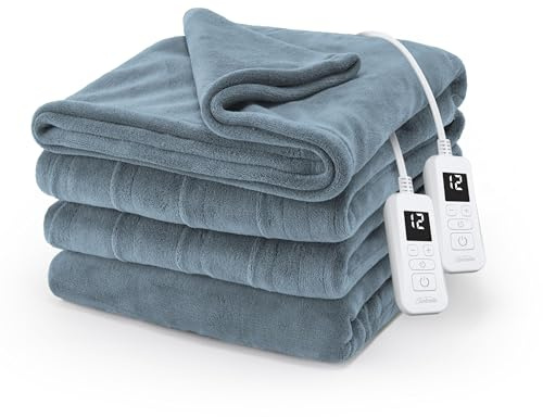 Sunbeam Electric Royal Luxe Microplush Heated Blanket, 12 Heat Settings, 12-Hour Auto Shut-Off, Fast Heating, Warm and Cozy, Cadet Blue Color, Full (84 x 72)