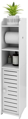 Support Papier Toilette Armoire Porte-Papier Toilette Porte Brosse WC Meuble de Salle de Bain sur Pied en Bois,Derouleur Papier Toilettes de Haute qualité avec étagères,Blanc (15*17*76 cm)