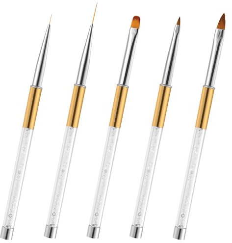 5 Pinceaux Nail Art Professionnels en Or avec Poignée Strass, Set de 5 Pinceaux à Ongles pour Gel UV, French Manucure et Deco 3D, Outils Manucure Précision pour Pro et Débutants (or)
