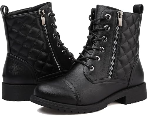todaysunny Stiefeletten Damen Schnürstiefel Springerstiefel Schwarz Leder Wasserdichte Stiefeletten mit Reißverschluss Niedriger Absatz Schuhe Herbst Winter Combat Boots