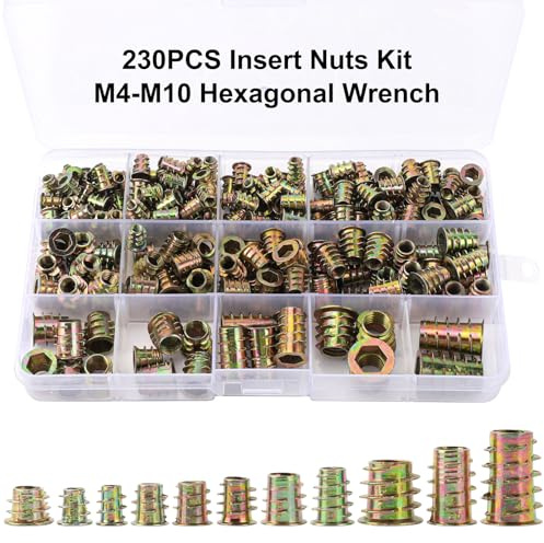 230 Stk Einschraubmutter, M4/M5/M6/M8/M10 Zink-legierung Einschraubmuffen, Messing Gewindeeinsatz mit Box, Innensechskant Mutter, Einschlagmuttern für Holzmöbel Gewindeeinsätze Gewindereparatur
