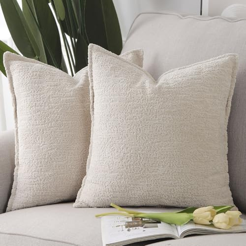 Madizz Pack of 2 Chenille Velvet Cushion Covers 45x45 cm Light Beige Soft Neutral Decorative Throw Pillow Covers Accent Boho Pillowcases for Couch Sofa Modern Farmhouse Home Decor