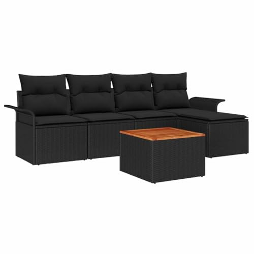 vidaXL 6 Delar Trädgårdsoff-set med Kuddar Svart Poly Rattan Akacia