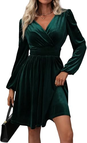 YUTILA Robe Femme en Velours avec Col en V et Manches Longues – Élégante Robe de Fête Robe de Cocktail Robe de Soirée pour Automne & Hiver, vert, XL