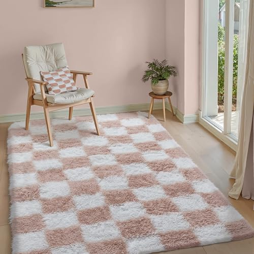 HUGEAR Rutig fluffig matta, vardagsrum, 140 x 200 mattor, rosa, vit, raggig, halkfri, barnrum, flicka, pojke, carpet sovrum, hög lugg, mjuk, stor matta