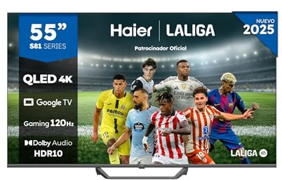 Haier QLED 4K UHD H55S81FUX - 55, Smart TV, Google TV, Dolby Audio, HDR 10, Smart Remote Control, Google Assistant, Bluetooth 5.1, 120Hz Gaming, USB 2.0, DBX TV, HDMI 2.1 x 4, Sin Marcos, 2025